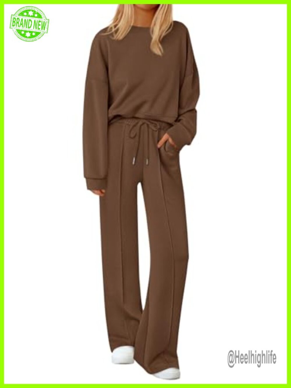 Womens 2 Piece Sweatsuit Set Knit Long Sleeve Crewneck Wide Leg Pants